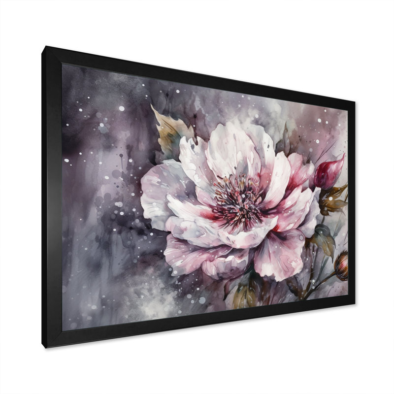 Pivoines roses et vertes sur une branche I - impression, Cadre simple noir, H 34 po x l 44 po x P 1,5 po