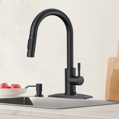 Stainless Steel Kitchen Faucet With Pull-Down Sprayer, With Soap Dispenser High Curve Modern Classic Faucet With Deck For 1 Or 3 Holes