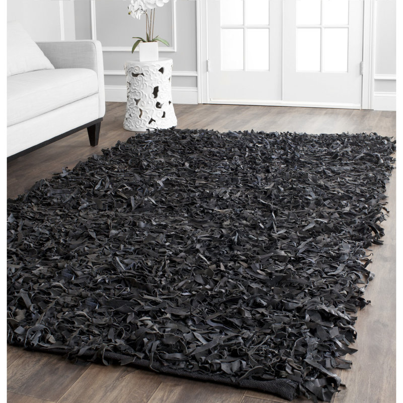 Godsey Hand-Knotted Leather Black Area Rug, Rectangle 8' x 10'