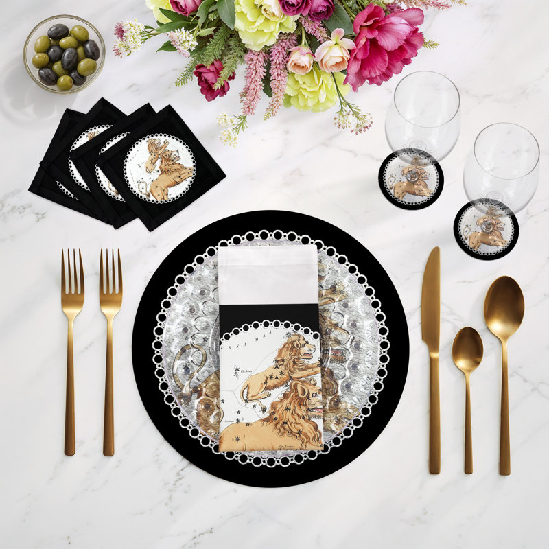 Zodiac Leo Black Vegan Leather Round Coasters, Black