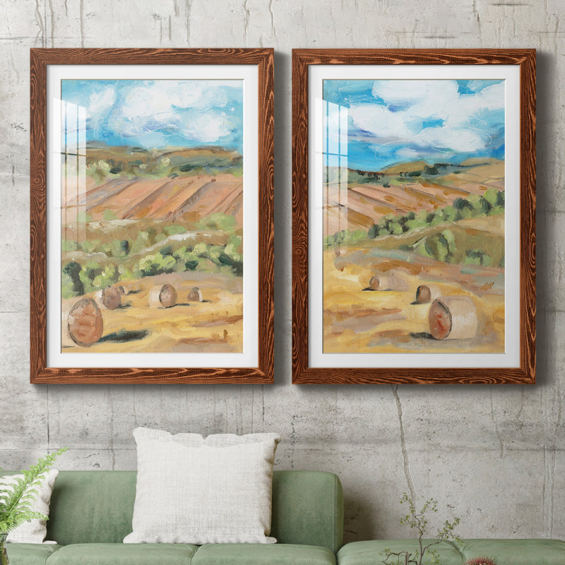 Hay Bales I - ensemble de 2 reproductions d'art sur papier encadré, Papier avec cadre érable, H 31,5 po x l 47 po x P 1,5 po
