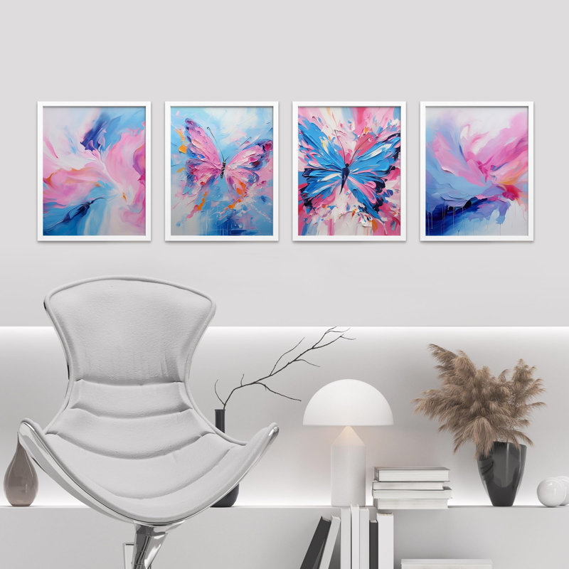 «Abstract Floral and Butterfly Vibrant» encadré sur papier, impression de 4 pièces, Blanc, H 14 po x l 11 po