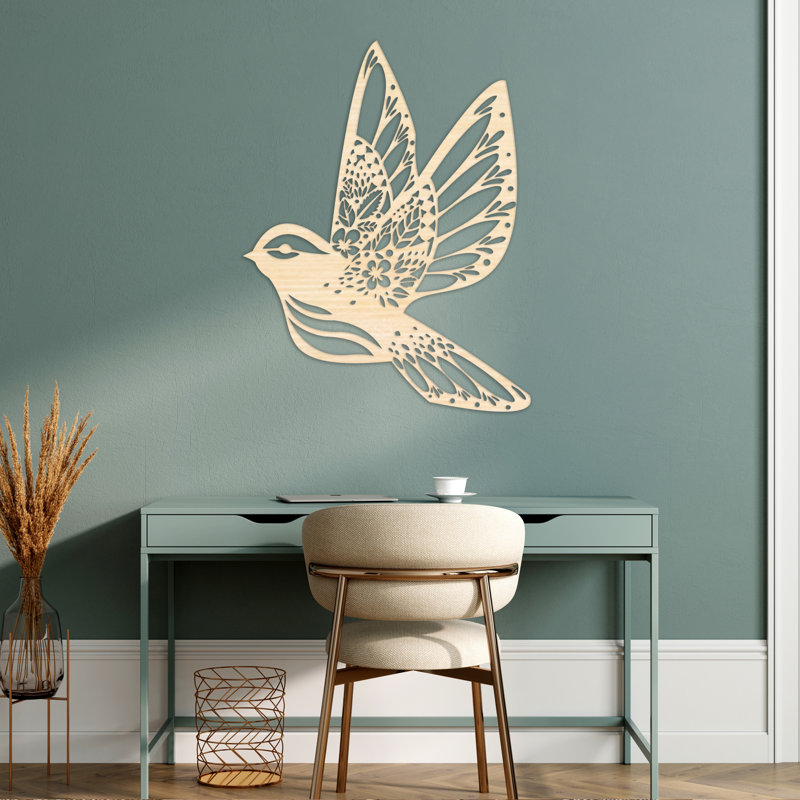 Décoration murale abstraite en forme d'oiseau - Bouleau baltique naturel, H 32 po x l 24,8 po x P 0,25 po