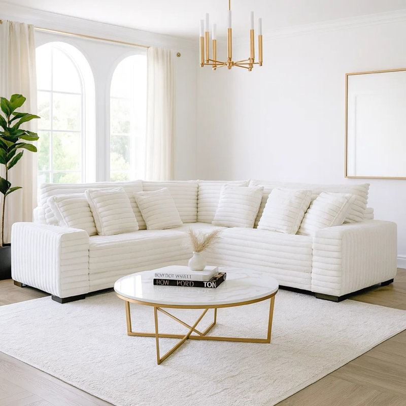 Ezo 3Pc Modular Sectional Sofa Set, 6 Pillows, White Ribbed Polyester, White Polyester Blend