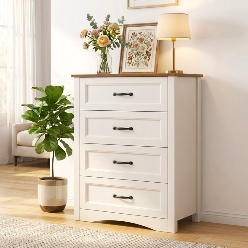 Commode en bois 4 ou 5 tiroirs Ergica, H 31,5 po x l 26 po x P 15,7 po, Blanc / Brun