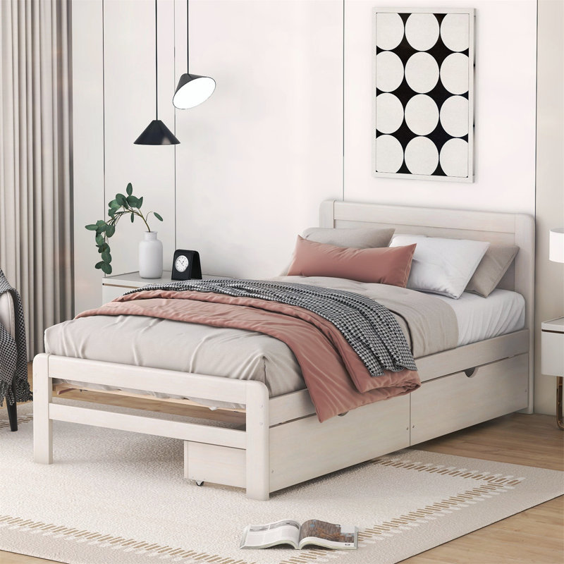 Sophisticated Twin Platform Bed with Drawers for Space Optimization, White Washed
