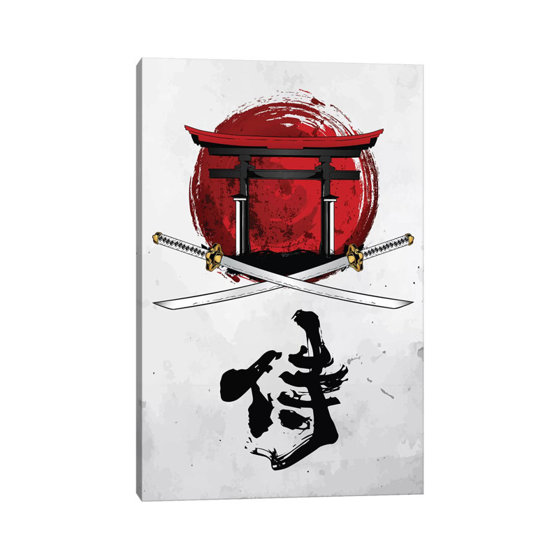 «Samurai Katana with Tori Gate» par Corinne, reproduction d'art sur toile tendue, H 40 po x l 26 po x P 1,5 po