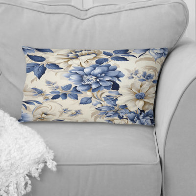 Victorien fleurs bleues et blanches damassées - Abstrait corail multicolore azur - coussin