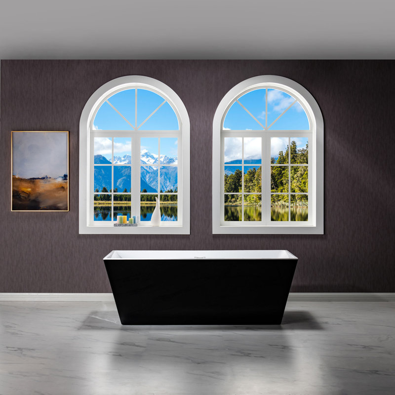 67" x 32" Freestanding Soaking Acrylic Rectangular Bathtub, Non-Slip Design, Glossy Black, Chrome