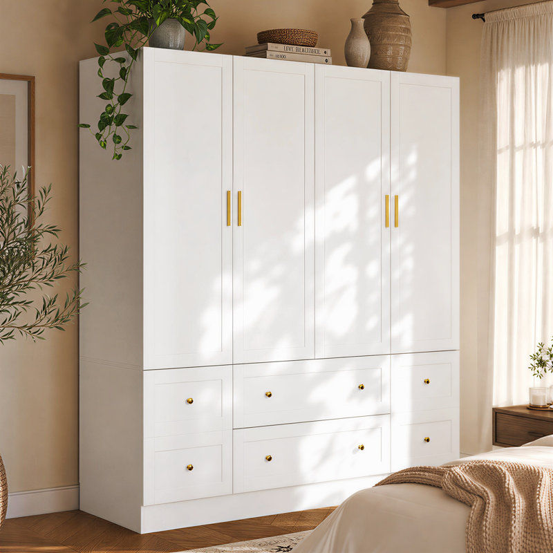 63" W Freestanding Wardrobe Armoire with 4 Doors, 4 Drawers, 2 Hanging Rods and Interior Shelves, White