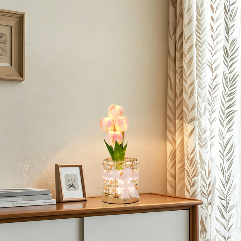 Pink Tulip Crystal Table Lamp With Usb Rechargeable Touch Dimming Light