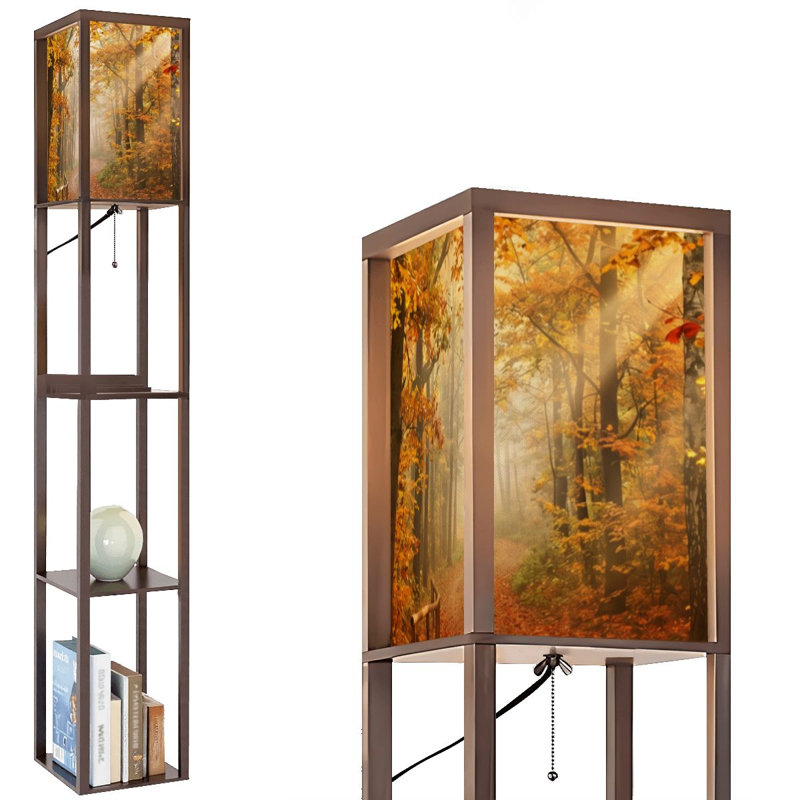 Modern Floor Lamp with Shelves USB Ports and Fabric Shade, Brown