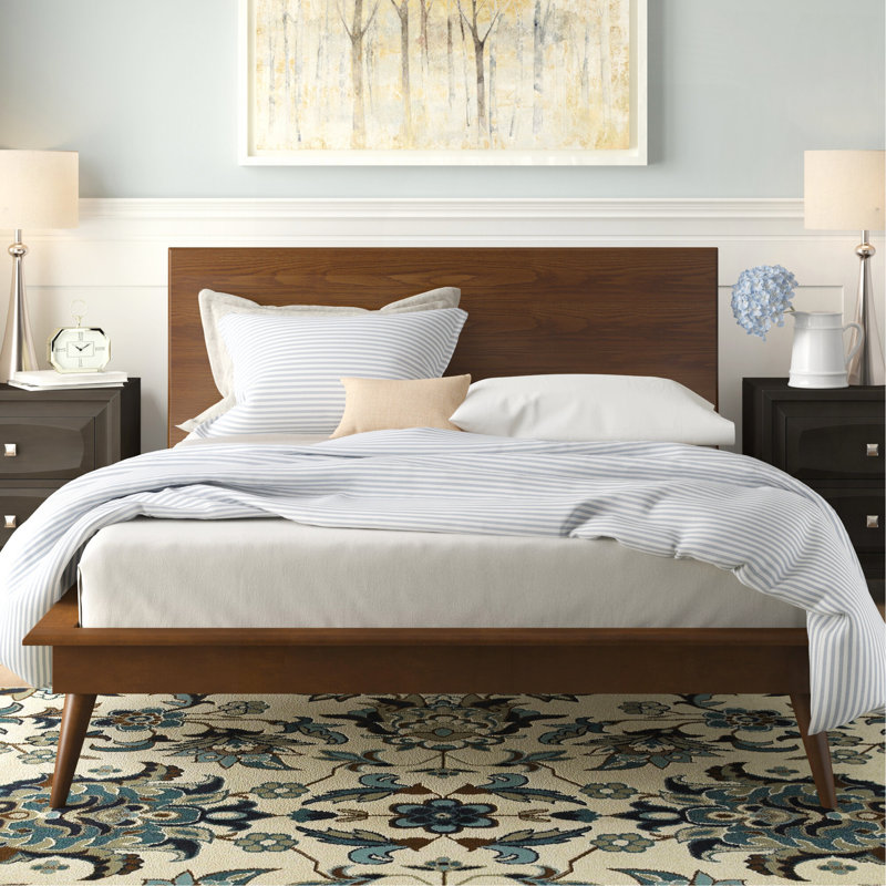 Mobilier de chambre moderne en bois brun avec lit plateforme moderne et élégant, Lit double