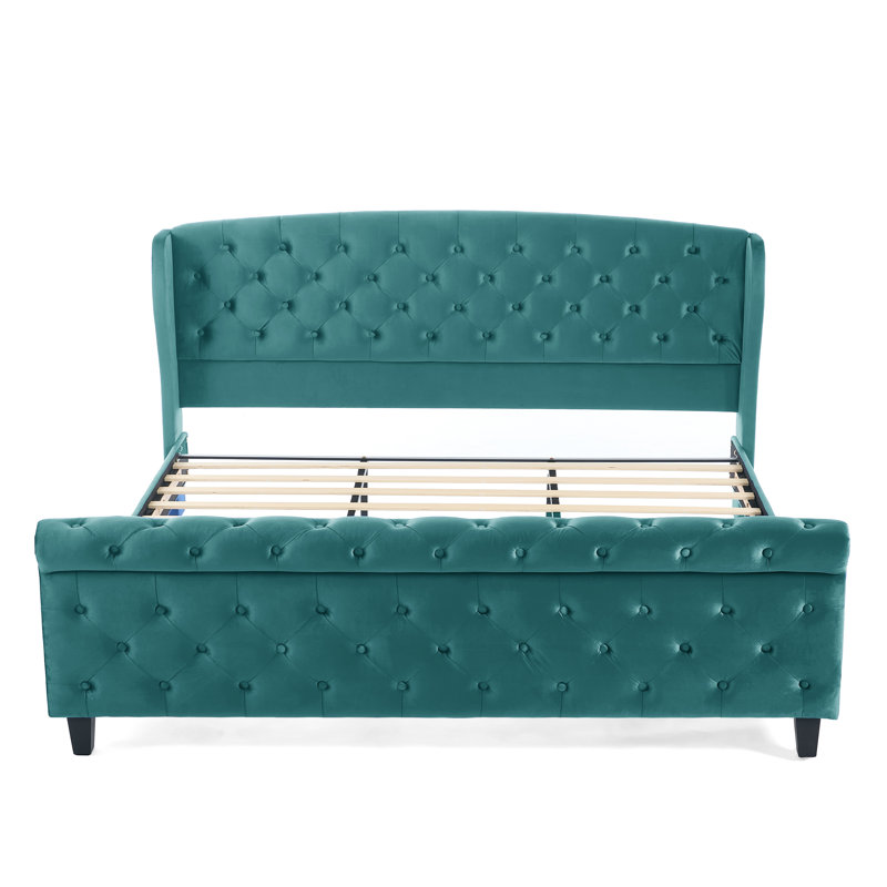Elowen Glam Velvet Upholstered Sleigh Bed With Wingback Headboard & Scroll Footboard, King, Green
