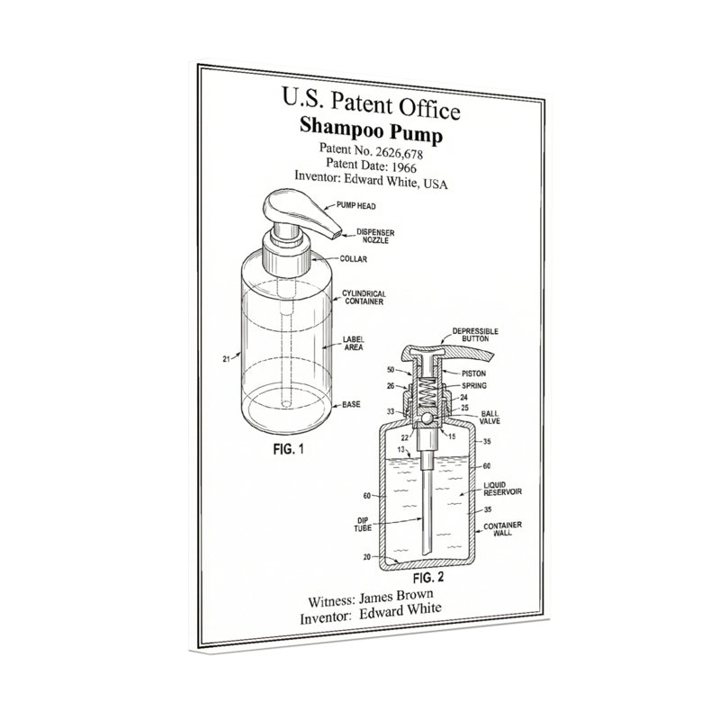 Bath & Laundry Shampoo Pump Patent Diagram, 30" H x 20" W, Wrapped Canvas, Does Not Apply
