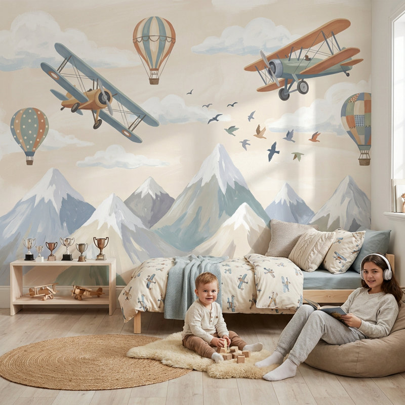 Papier peint Biplanes fantaisiste, décoration murale rétro, 140 po x 108 po, Peler et coller