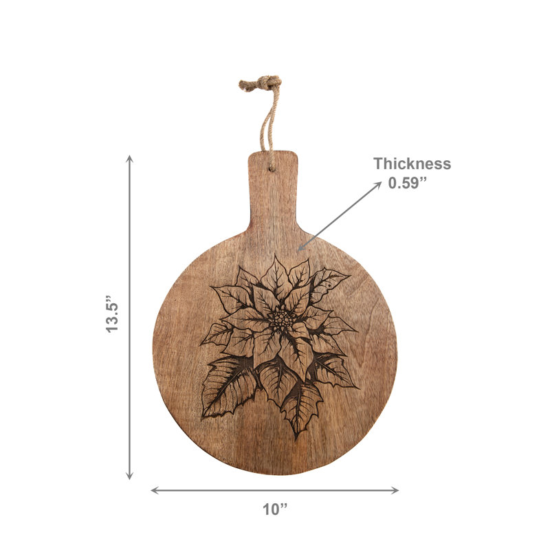Planche à fromage ronde en bois de manguier de 25 cm (10 pouces) avec poinsettia gravé
