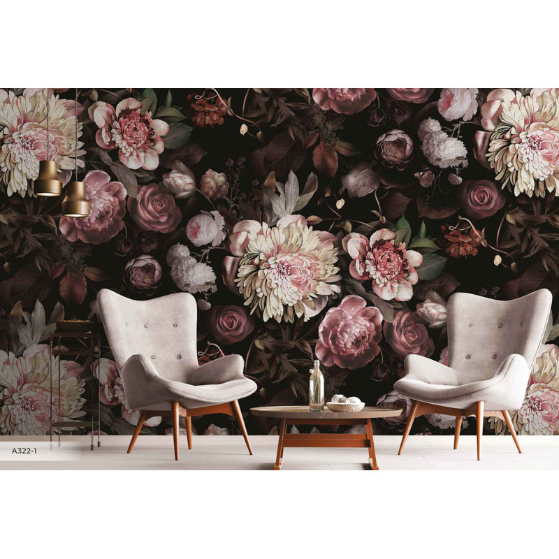 Papier peint romantique noir avec fleurs luxueuses, L 110,04 po x l 204 po