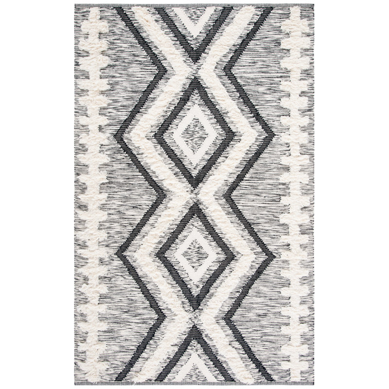 Tapis en laine / coton tissé à la main Adamary en ivoire / noir, Rectangle 6 pi x 9 pi
