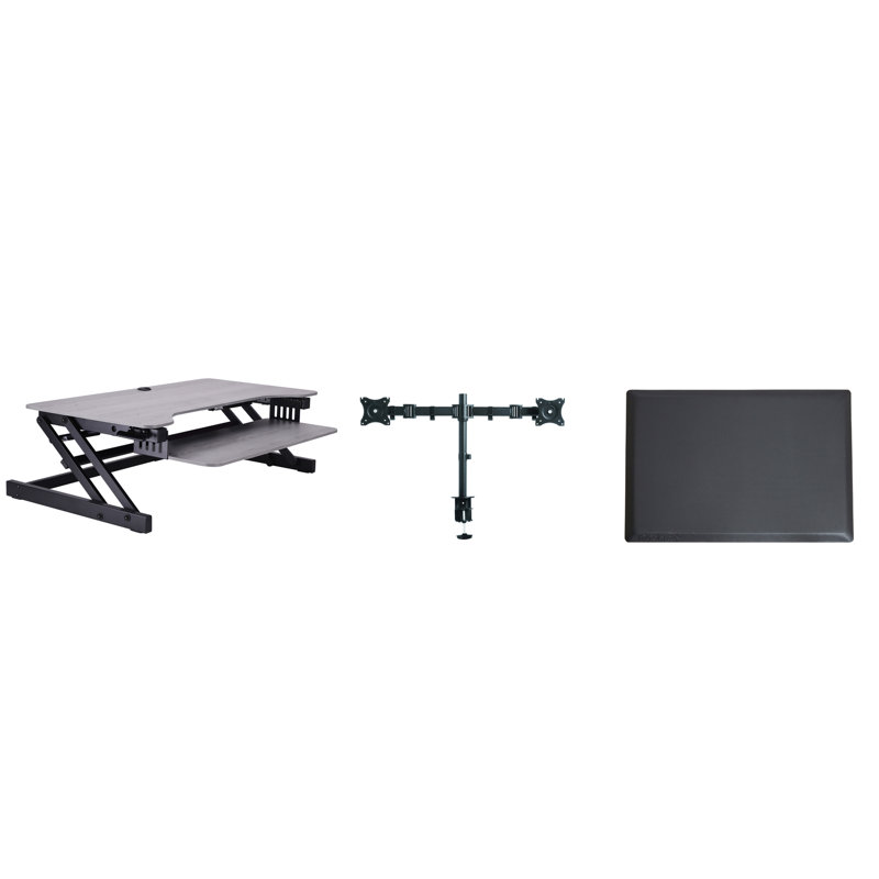 Rocelco 37.5 in. Gray Height Adjustable Standing Desk Converter with Dual Monitor Mount, Anti Fatigue Mat and Gray Finish
