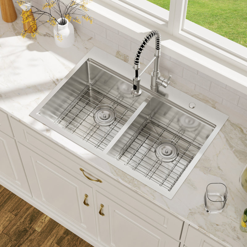 33" L x 22" W Drop In Double Bowl Kitchen Sink Workstation Low-Divide 50/50 Stainless Steel Sink