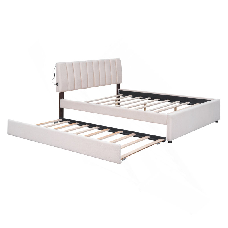 Lit plateforme tapissier grand avec lit gigogne simple Teddy, Beige