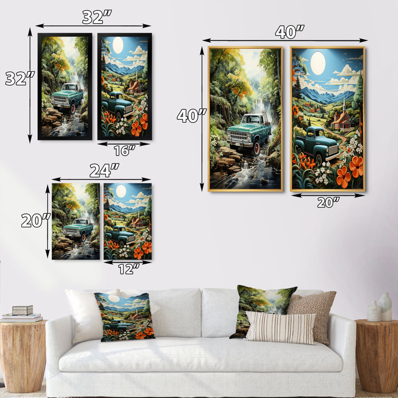 «Green Pickup Truck Enchanting Waterfall», 2 pièces, Encadrement doré, H 24 po x l 20 po