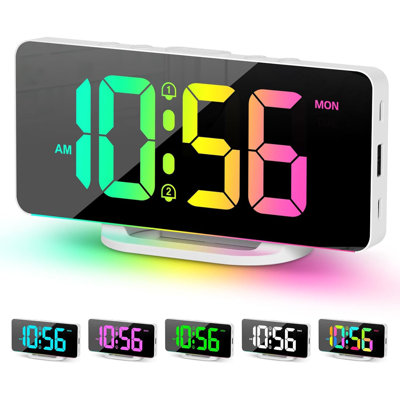 LED Digital Tabletop Alarm Clock 10 Color Night Light USB Charging Port White