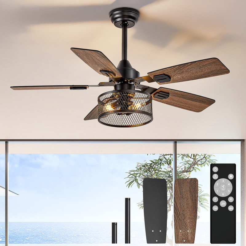 42 Inch Fine Net Caged Ceiling Fans with Lights, Dual Finish 5 Black Walnut Blades Hanging Fan, Rustic Ceiling Fan with Remote Control for Farmhouse Indoor/Outdoor Use