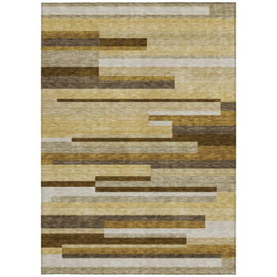3' X 5' Khaki Taupe Striped Washable Indoor Outdoor Area Rug