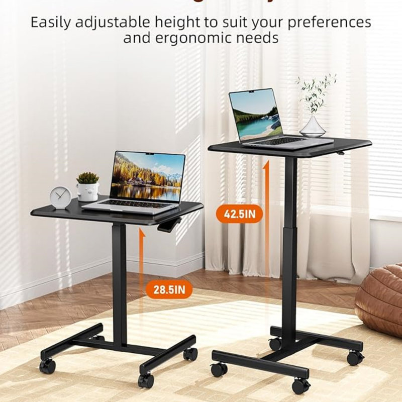 Petit bureau pour travailler debout avec roulettes verrouillables, bureau mobile à hauteur réglable, bureau pour ordinateur portable, petite table pour ordinateur