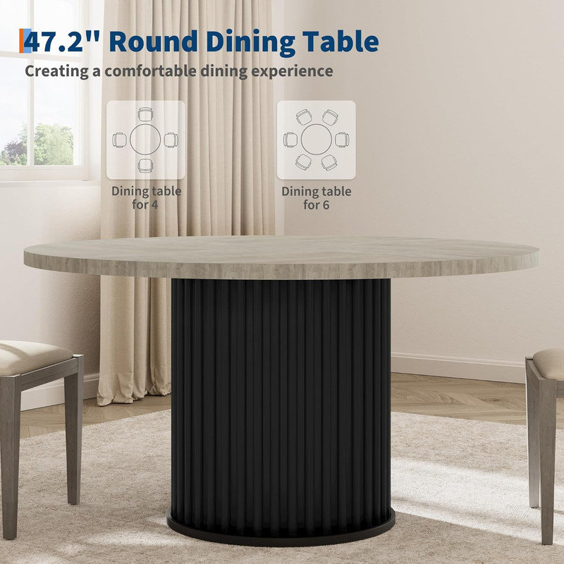 47" Round Dining Table for 4-6 People, Dining Room Table with Sturdy Waveform Metal Pedestal Base, Farmhouse Circle Kitchen Table for Dining Room, Kitchen