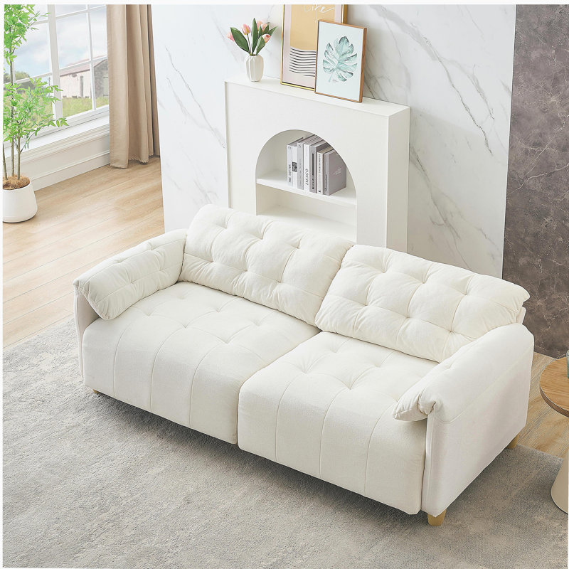 Canapé droit français à motif de nuage double en tissu crème de style rétro, convenant au salon., Beige