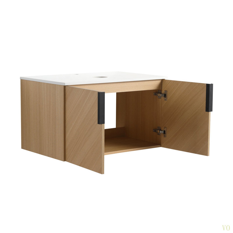Meuble-lavabo de 30 po avec dalle de pierre artificielle, porte à fermeture en douceur, fixation murale, emballage KD (meuble-lavabo seulement, sans lavabo)