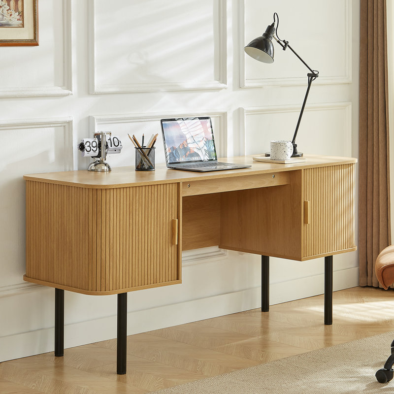 Bureau d'ordinateur de 55 po avec 2 armoires de rangement, bureau de direction Mid-Century avec station de charge, grand bureau moderne avec pieds en métal réglables