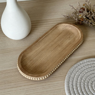 Plateau de service en bois Farmhouse avec bord perlé, plateau de table basse ovale rustique pour le décor du salon et de la cuisine