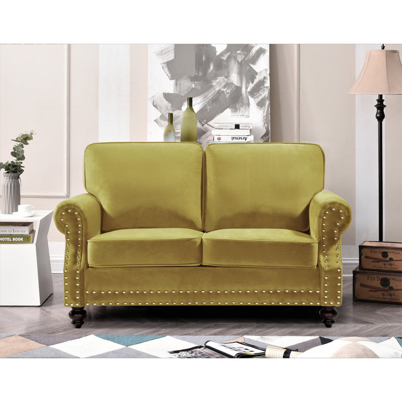 Hananiah Velvet Sofa, Green Yellow, 37.4" H x 61.42" W x 33.9" D