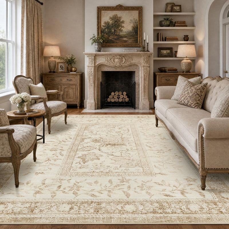 Washable Living Room Rugs, Vintage Floral Print Botanical Bedroom Carpet Soft Non Slip Dining Room Rugs Low Pile Stain Resistant Floorcover Mat for Home Office