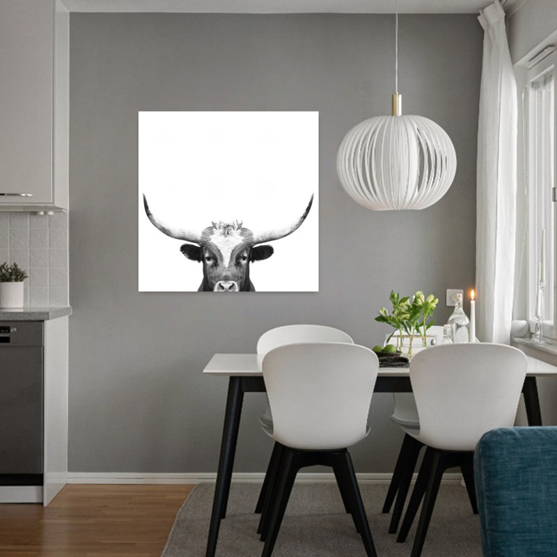 Art mural contemporain abstrait Peeking Longhorn BW, H 32 po x l 32 po, Black/White