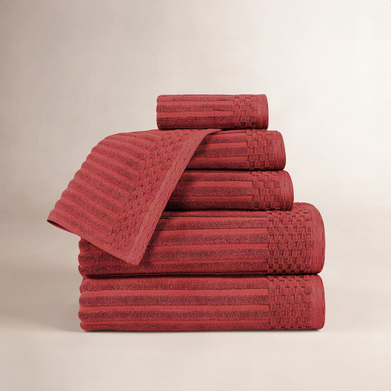 Ruvins Cotton Highly Absorbent 6-Piece Solid and Checkered Border Towel Set, Burgundy