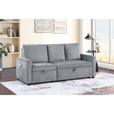 Velours côtelé gris avec méridienne coulissante et rangement sous-siège, poche latérale, 3 chaises confortables, poche pratique