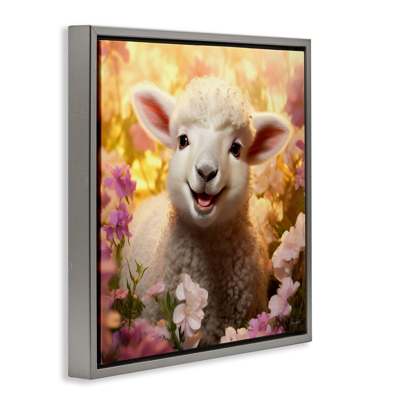 Agneau dans un pré fleuri, Cadre flottant gris lustré, H 25 po x l 25 po