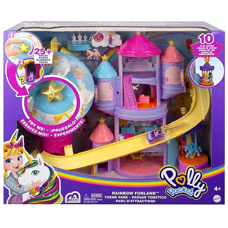  Polly Pocket Parque temático Rainbow Funland, 3 paseos, 7 áreas  de juego, muñecas Polly y Shani, 2 unicornios y 25 accesorios sorpresa (30  piezas de juego en total), gran regalo para