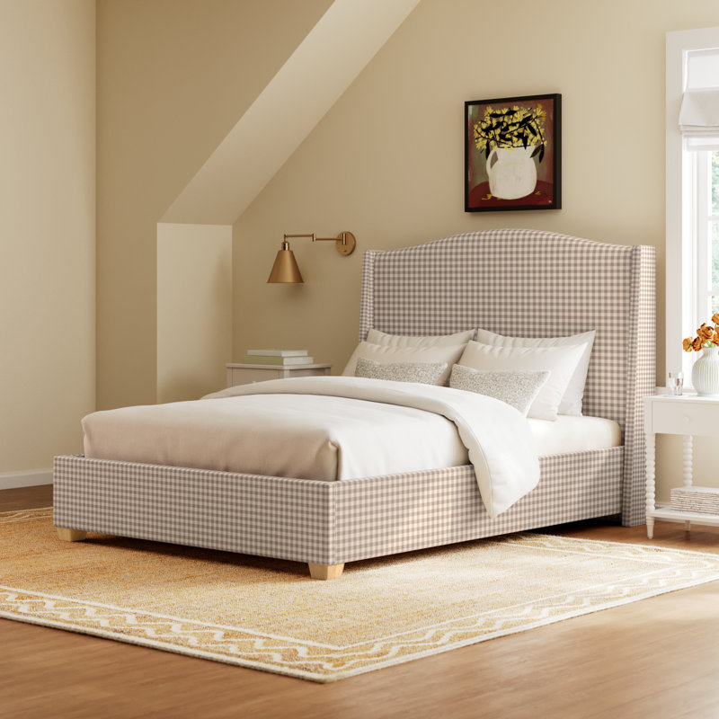 Allis Upholstered Wingback Bed, Queen, Classic Gingham Tan