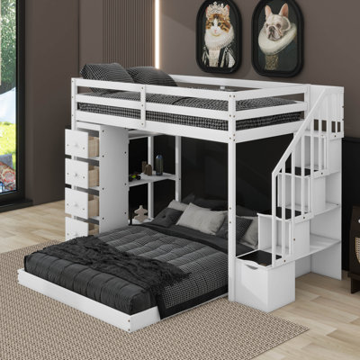 Lit simple superposé au dessus d'un lit double avec tablettes, tiroirs et escaliers