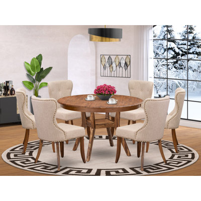 Modern Dining Set Includes a Pedestal Kitchen Table and Light Tan Linen Fabric Chairs with Button Tufted- Antique Walnut by Red Barrel Studio