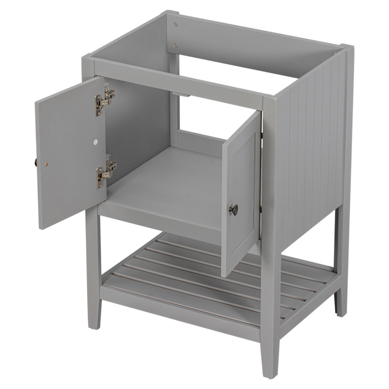 Base de meuble-lavabo 24 po seulement, structure en bois massif, armoire de rangement avec portes et tablette ouverte, Gris