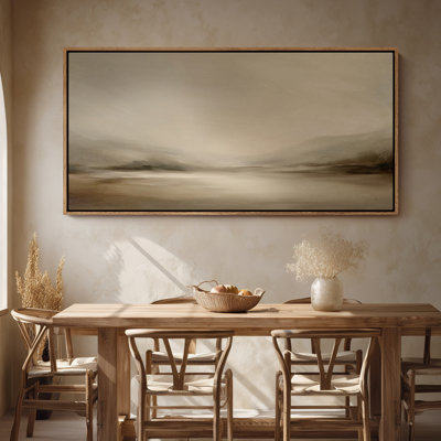 Framed Canvas Wall Art - Minimal Misty Valley Landscape in Soft Beige and Grey Tones - 16"x24", 24"x36"
