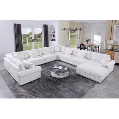 Modular Large 9 Seats Roller Arms Nailheads Cloud Couch Chenille Corner Sectional Sofa With Ottoman