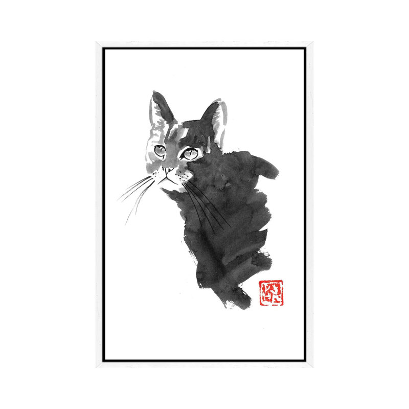 Staring Cat by Péchane - Painting on Canvas, 101.6 cm H x 66.04 cm W, White Framed